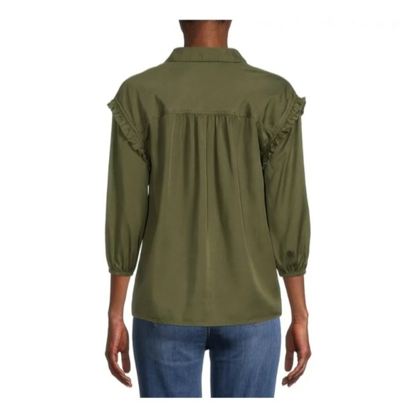 Olive Green Button-up with ruffled stiching! - Picture 6 of 7